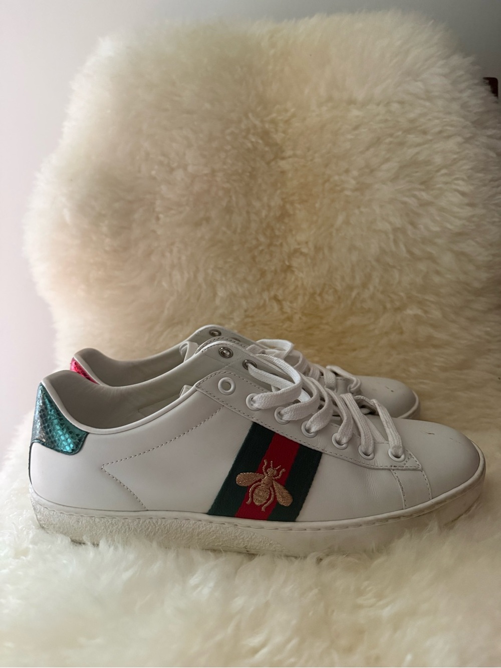 Gucci Ace Bee Leather Sneakers with Green-Red Stripe & Embroidered Bee